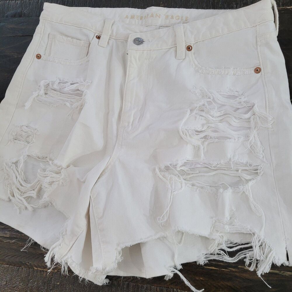 American Eagle Distressed Denim Shorts White Womens 12 NWT